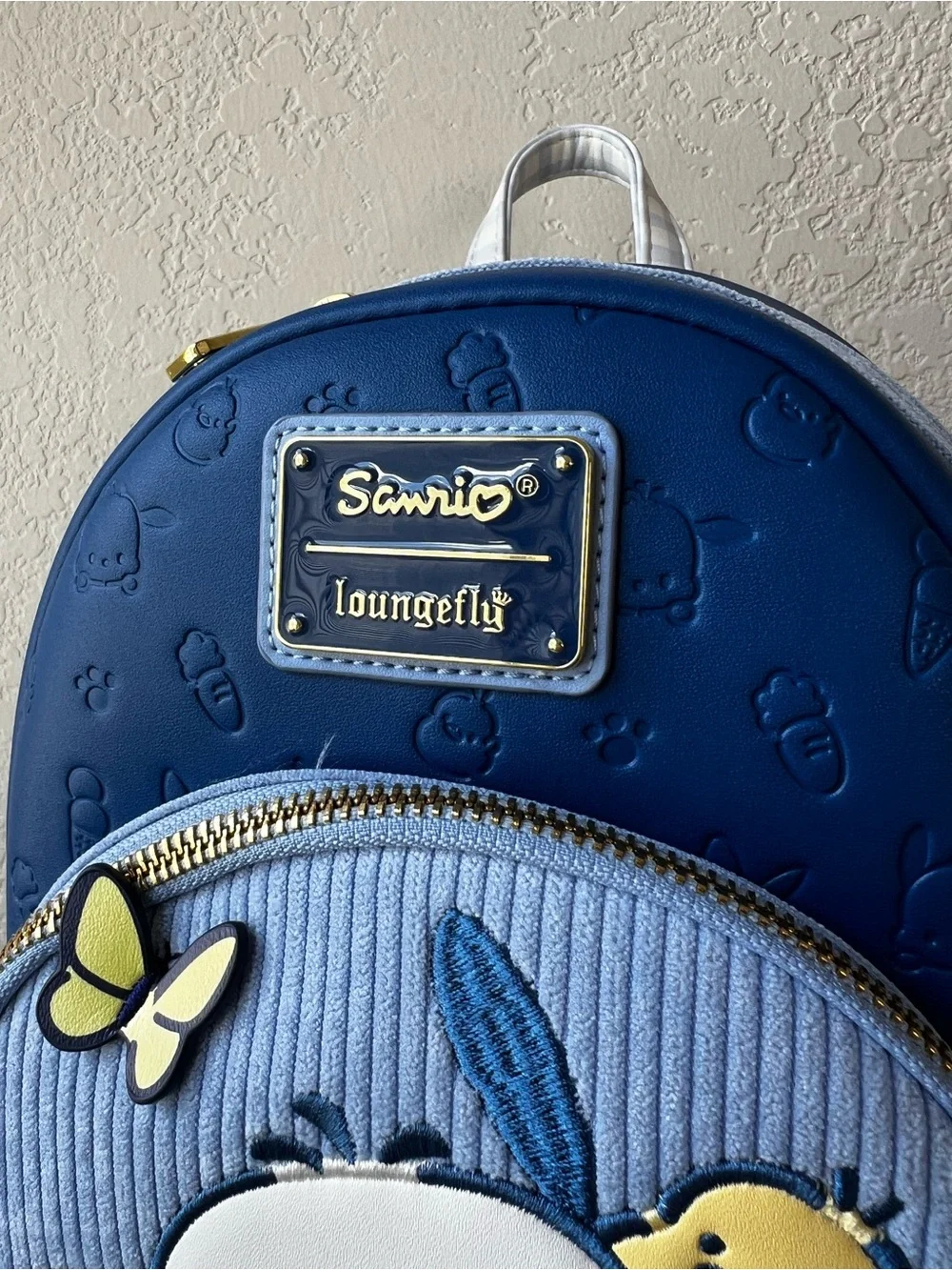 NWT Loungefly Sanrio Pochacco Blue Gingham Butterfly Moving Butt Mini Backpack